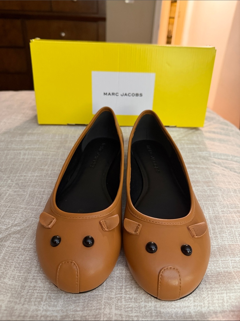 Marc Jacobs Tan Leather Ballet Flats with Decorative Button Accents